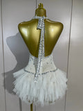 Women Sexy Mesh See Through Evening Birthday Party Dress Nightclub Stage Wear Sparkly Rhinestone Pearls Halter Backless Bodysuit