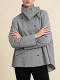 Minimalist Casual Style Gray Oversized Shirt for Women Stand Collar Long Sleeve Buttons Accent for Office Commute