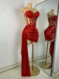 Sparkly Red Diamonds Asymmetrical Two Pieces Dress Design 2025 Women Sexy Strapless Top Skirt Suits Dance Performance Outfit