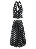 Beach Party Two Piece Set for Women Halter Neck Sleeveless Vest High Waist Polka Dot A Line Midi Skirt Suit Female