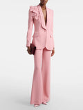 Women's Suits Solid Fashion 3D Flowers Single Breasted Blazer 2 Piece Jacket Pants Outfits Female Formal Pantsuit Set