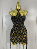Sexy Sparkly Diamonds Black Mesh Transparent Top Dress Two Piece Set Women Evening Party Celebrate Birthday Photo Shoot Wear