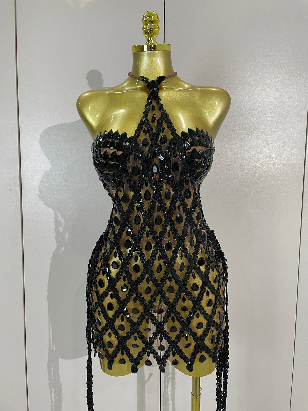 Sexy Sparkly Diamonds Black Mesh Transparent Top Dress Two Piece Set Women Evening Party Celebrate Birthday Photo Shoot Wear