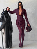 Elegant Office Dress Women Sexy Single-Breasted Hidden Buttons V-Neck Full Sleeve Folds Fashion Commute Bodycon