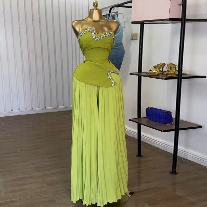 Women's Set Diamonds Hot Rhinestones Crop Top and Pleated Wide Leg Pants Suit  Two 2 Piece Sets Outfits Tracksuit