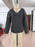 Women's Cable Knit Sweater V Neck Long Sleeve Oversized Loose Chunky Twist Pullover Tops Casual Autumn Retro Commute Top