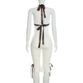 Contrast Color Bandage Playsuits Woman Halter Low-Neck Backless Sleeveless Ruffles High Street Fashion Style Rompers