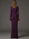 Solid Slim Elegant Trumpet Sleeves Long Dresses for Women Patchwork Diamond Mesh Temperament Dress Female New