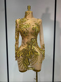 Women Sexy Long Sleeve Gold Rhinestone Dress Luxury Birthday Party Costume Bar Nightclub Celebrity Stage Performance Outfit