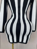 Luxury Sexy Long Sleeve Stripe Black White Mini Bandage Dress Women Knitted Celebrity Elegant Evening Club Birthday Dresses