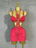 Women Sexy Sparkly White Braided Halter Mini Dress Gold Bead Trim Cutout Sides Ideal Beach Parties Vacations Special Occasions