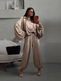 Casual Loose Coats Pants Set Women Full Sleeve Lapel Zippers Solid Coat Long Straight Pleated Pant Sets 2026 Autumn Lady Suit