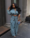 Denim Women's Set Ruched Long Sleeve Jacket and Pocket Front Loose Jeans Pants Two 2 Piece Sets Outfits Tracksuit