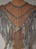 Women Sexy Mesh Sparkly Rhinestone Tassels Stretch Long Dress Evening Nightclub Singer Dance Stage Costume Luxury Birthday Gowns