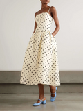 Slim Patchwork Wave Point Elegant Dresses for Women Square Neck Sleeveless High Waist Dress Female