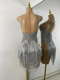 Sexy Mesh See Through Bodysuit Women Glitter Rhinestones Tassel Sleeveless Performance Dance Costume Nightclub Bar Stage Wear