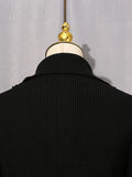 Fashion Spliced Metal Pin Two Piece Set for Women Stand Collar Long Sleeve Pullvers Mid Waist Bodycon Knee Skirt Suit Female
