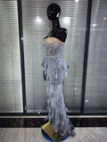 Women Sexy Strapless Sparkly Diamonds Mesh See Through Maxi Long Dress Luxury Birthday Evening Party Nightclub Bar Stage Costume