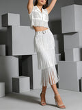 White Fringe Modern Two Piece Set for Women Nitched Collar Sleeves Tank Top Tiered Designmid Skirt Suit for Art Exhibitions