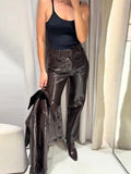 Women's Brown Faux Leather Pants Set Fashion Lapel Single Breasted Cropped Jacket Wide Leg Trouser Lady Autumn Chic Outfits