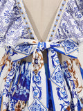 Fashionable Retro Printed Short Dresses for Women Deep Neck Ruffles Sleeve High Waist Patchwork Puff Dress Female Clothing