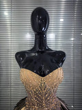 Women Sexy Strapless Sparkly Rhinestone Sequins Mesh See Through Mini Dress Eveing Party Birthday Nightclub Singer Stage Costume