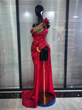 Women Sexy One Shoulder Shining Rhinestones High Split Floor-length Gowns Dress Evening Party Celebrate Red Carpet Wear