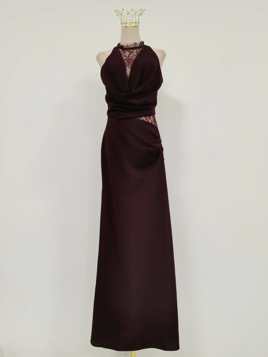 Solid Halter Spliced Lace Bodycon Long Dresses for Women Swing Collar High Waist Sexy Hot Girl Evening Gown Female