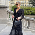 Sexy V-neck Polka Dot Long Dress Women Middle Sleeve Waist-cinching Slit Maxi Dresses Female Summer Chic Evening Party Dresses