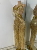 Sparkly Diamonds Sequins Fringes Luxury Jumpsuit Gold Sleeveless Mesh Performance Dance Costume Nightclub Singer Stage Rompers