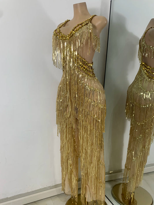 Sparkly Diamonds Sequins Fringes Luxury Jumpsuit Gold Sleeveless Mesh Performance Dance Costume Nightclub Singer Stage Rompers