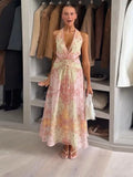 Sexy V-neck Halter Backless Printed Long Dress Women Sleeveless Lace Up High Waist Slim A-line Maxi Dress Lady Chic Casual Dress