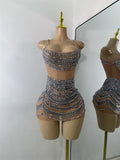 Sparkly Crystals Diamonds Mesh See Through Mini Dress Luxury Women Sexy Sleeveless Perforamnce Dance Costume Night Club Wear