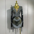 Luxury Evening Party Birthday Nightclub Photo Shoot Wear Sexy Mesh Sparkly Diamonds Sequin Tassels Long Sleeves Sheer Mini Dress