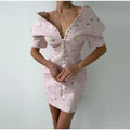 Elegant Solid Buttons Long Dress Women Waist Cinched Shoulder Pads High Collar Slit Dresses 2026 Spring Summer Lady Party Robes