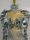 Sexy Sparkly Silver Rhinestones Sequins Mesh Stretch Bodysuit Eveing Birthday Party Nightclub Bar Singer Dancer DJ Stage Costume