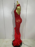 Luxury Sparkly Red Rhinestones Feather Sexy Mesh See Through Long Dress Women Birthday Evening Nightclub DJ Dancer Stage Costume