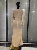 Summer Vacation Women Long Sleeve Sexy Deep V-Neck Hollow Out Bodycon Long Dress Beach Style Celebrate Birthday Party Outfit