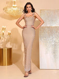 Women'S Luxury Pearl Bead Tight Bandage Long Dress Sexy Square Neck Sleeveless Elegant Evening Wedding Banquet Party Gown