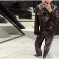 Women's Brown Faux Leather Pants Set Fashion Lapel Single Breasted Cropped Jacket Wide Leg Trouser Lady Autumn Chic Outfits