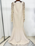 Diamonds Beaded Sequins Formal Evening Dress Lace Long Sleeves Mermaid Women's Gowns Trumpet Elegant Wedding Party Dress