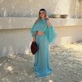 Light Turquoise Striped Batwing Crop Top Drawstring Loose Wide Pants Women Seaside Resort Casual 2 Piece Matching Party Set 2026