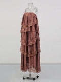 Elegant Tiered Ruffles Maxi Dresses for Women Square Collar Sleeveless Cross Back Lace Trim Skirt for Fashion Show