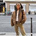 Brown Suede Shearling Lined Hooded Cropped Jacket Women's Bomber Coat  Warm Winter Outerwear Fashion High Street Lady Outfit