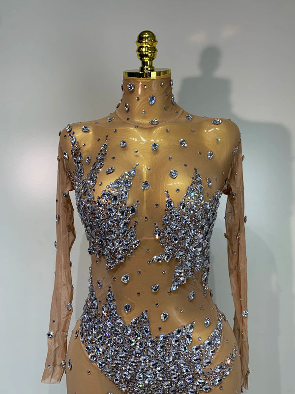 Women Sparkly Rhinestones Mesh See Throug Bodycon Jumpsuit Stage Performance Costume Nightclub Party Luxury Birthday Outfit