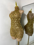 Luxury Sparkly Rhinestone Shining Sequins Women Sexy Transperant High Neck Bodycon Mini Birthday Dress Party Performance Costume