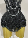 Sparkly Silver Rhinestones Pearl Tassels Bodysuit 2025 New Women Sexy Eveing Birthday Party Nightclub Stage Performance Costume