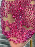 Shining Rosered Crystal Women Sexy One Shoulder Mesh See Through Bodycon Mini Dress Bar Singer Celebrate Performance Costumes
