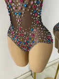 Sparkly Red Rhinestones Women Sexy Mesh See Through High Stretch Bodysuit Nightclub Performance Dance Costume Singer Stage Wear