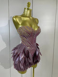 Sparkly Diamonds Leaf Sexy Mesh See Through Strapless Bodycon Dress Luxury Birthday Evening Party Outfit Nightclub Stage Costume